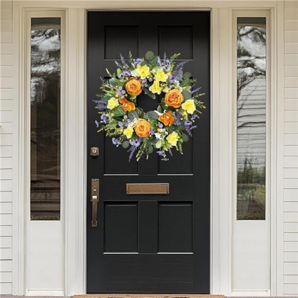 22'' Peony Floral Summer Fall Wreaths for Front Door & Lights Timer - Picture 3 of 8
